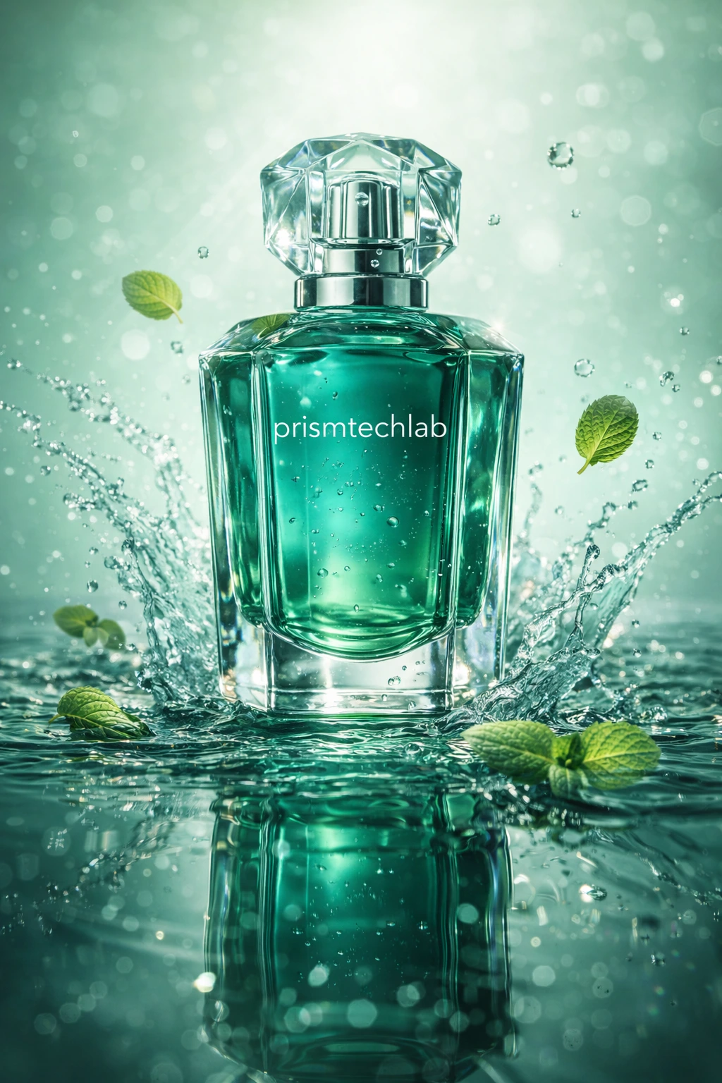 luxury perfume bottle crystal perfume product hyper-realistic product render hero product shot large product focus macro product photography emerald green liquid mint freshness aesthetic water splash product ad